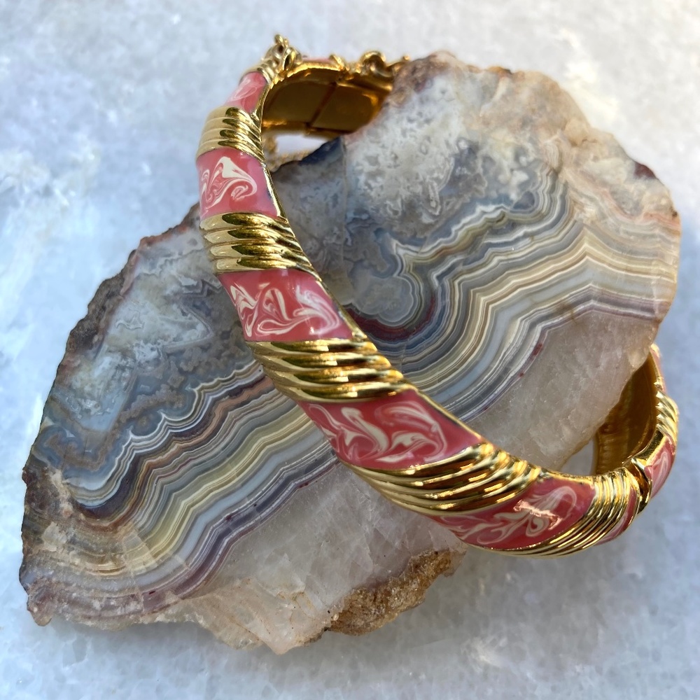 Vintage Monet Bangle Bracelet. Small Medium. Pink Enamel Gold Plated with Chain.